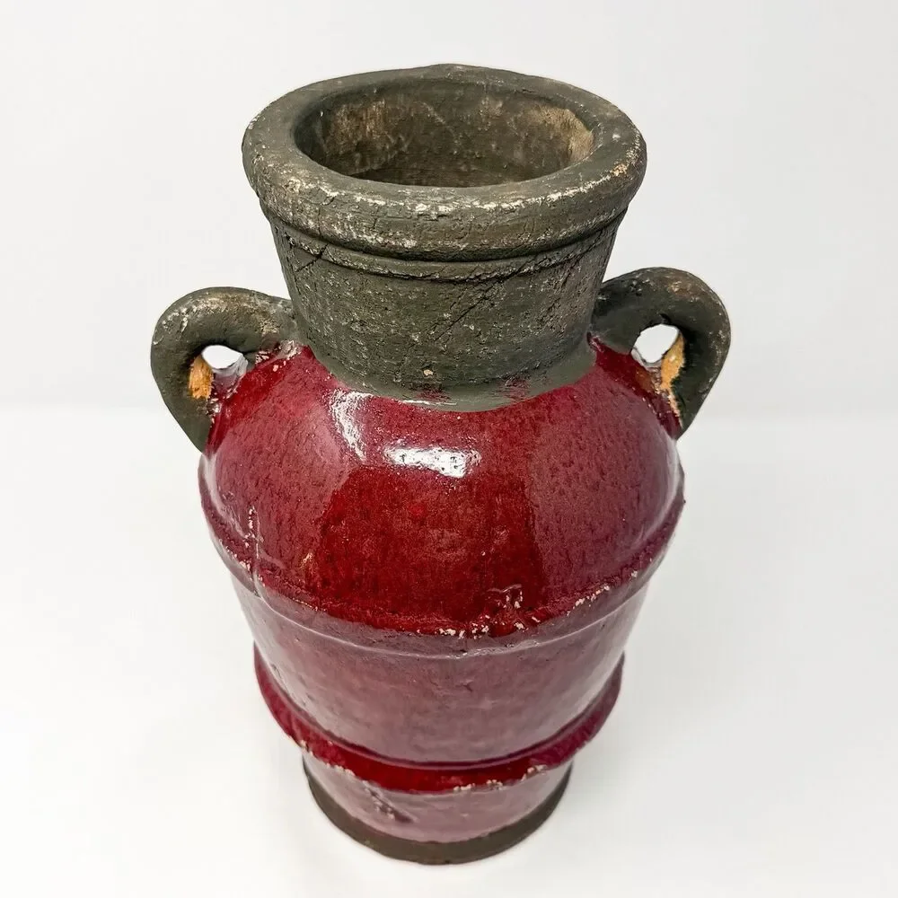 Vintage Rustic Studio Pottery Vase Oxblood Red Folk Art Handcrafted 12”